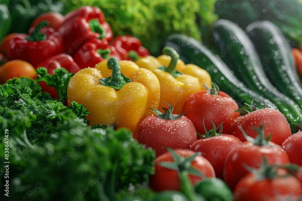 Fresh assorted vegetables including bell peppers, tomatoes, cucumbers, and leafy greens, taken up close with water droplets on them. Fresh assorted vegetables including bell peppers, tomatoes, cucumbers, and leafy greens, taken up close with water droplets on them.