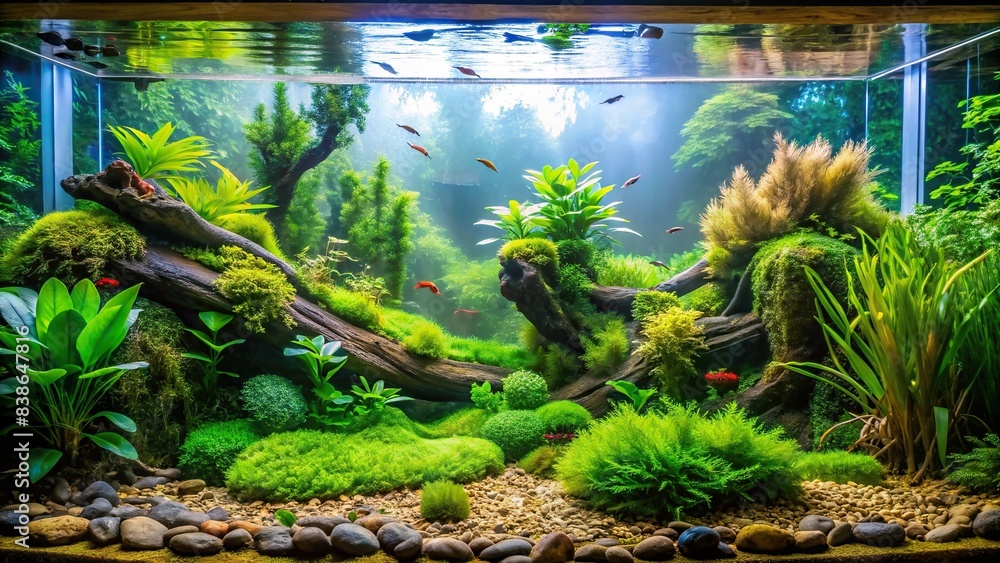 Freshwater planted aquarium with aquascaping in underwater landscape