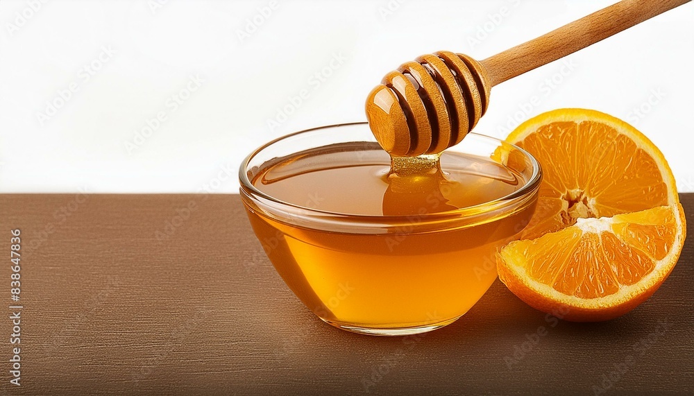 Glass bowl of honey with dipper, isolated on white. Glass bowl of honey with dipper, isolated on white.