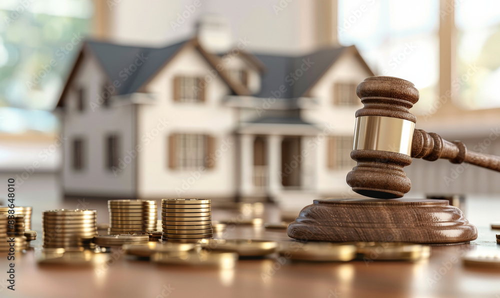 Gavel beside stacks of coins with a house model in the background, representing property auctions and real estate investments. Gavel beside stacks of coins with a house model in the background, representing property auctions and real estate investments.