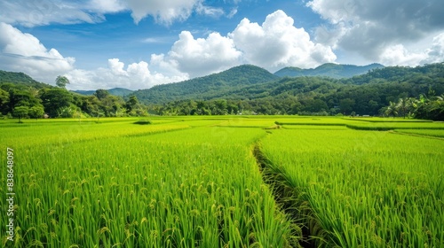 green rice field in Pua, Nan province, North of Thailand photo
