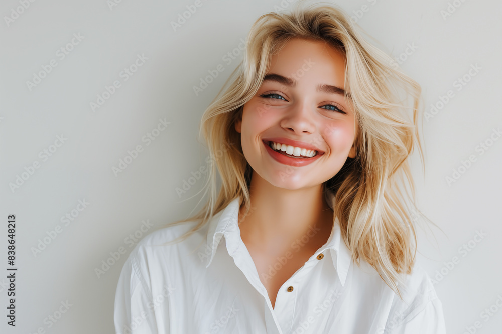 Close up portrait of beautiful young smiling woman against grey background. Close up portrait of beautiful young smiling woman against grey background.