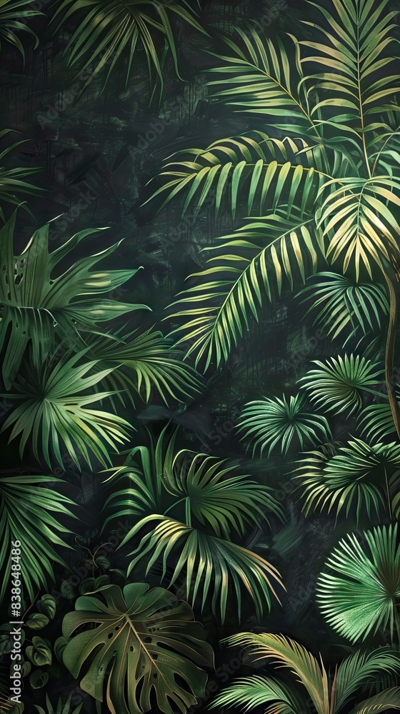 Beautiful nature background of vertical garden with tropical green leaf. Mural wallpaper. AI generated illustration