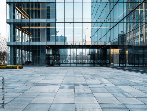 A stylish, minimalist glass office building featuring extensive glass and steel, located on an empty, expansive plaza with polished stone surfaces and minimalistic design elements 