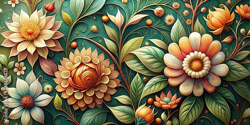 A beautiful flower art background inspired by Art Nouveau style , art nouveau, floral design, decorative, vintage, elegant, delicate, botanical, ornament, intricate, artistic, blooming photo