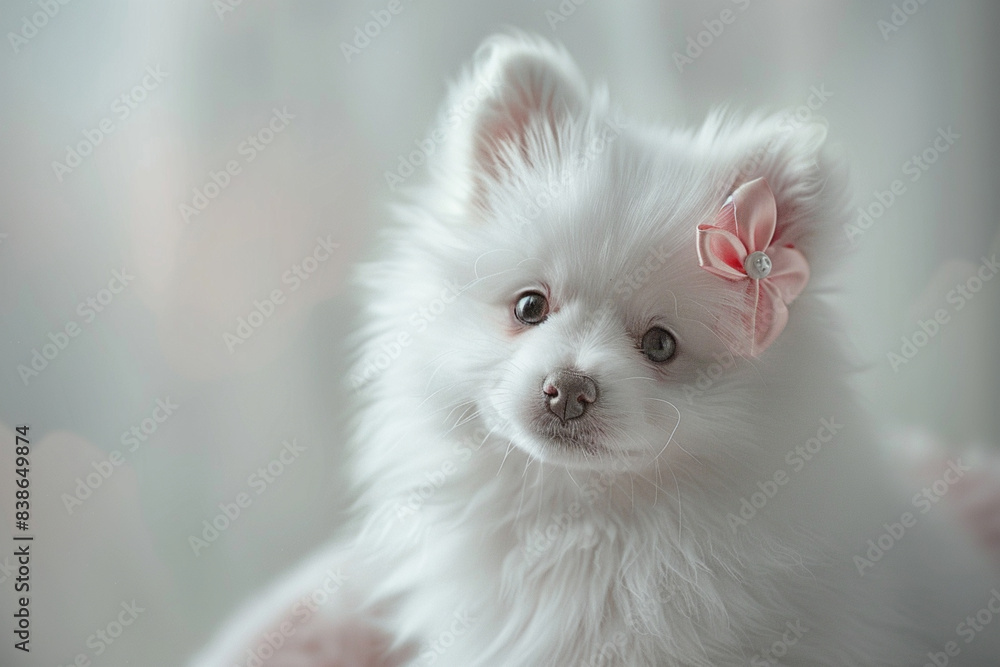 a cute white dwarf German Spitz puppy, with a pink bow on its ear, generative Ai a cute white dwarf German Spitz puppy, with a pink bow on its ear, generative Ai