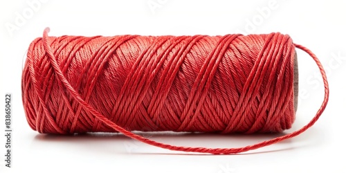 Red thread isolated on white background. Old red thread, vintage sewing supplies, red, thread, isolated, white background, old, vintage, sewing, supplies, close-up, selective focus photo