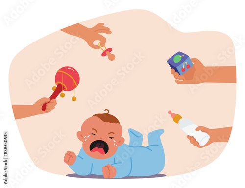 Crying Baby Boy Lying Down While Being Comforted By Multiple Hands, Offer A Rattle, Pacifier, Toy Block And Milk Bottle