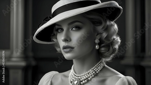 Monochrome image of a glamorously dressed woman with a hat and pearls, evoking a vintage, classic Hollywood feel photo