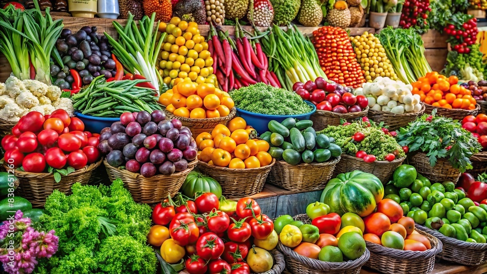 Vibrant display of fresh vegetables and fruits at the farmers market, organic, produce, colorful, healthy, selection, market, farm-fresh, local, seasonal, shopping, outdoors, vendors