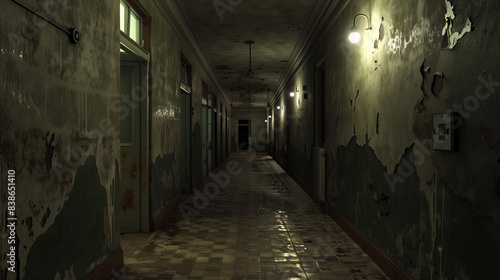 A long, empty hallway in an abandoned asylum, characterized by peeling paint and flickering lights. The end of the hallway remains dark and ambiguous, suggesting an unseen horror lurking just out of s