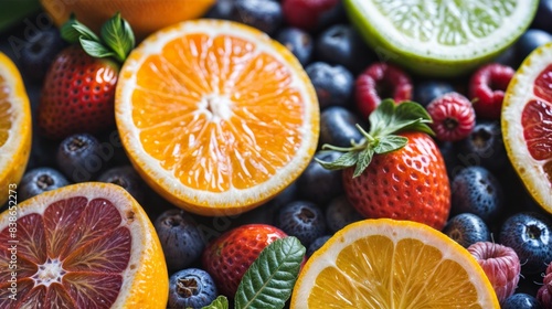 Fototapeta Naklejka Na Ścianę i Meble -  Fresh assorted berries and citrus fruits