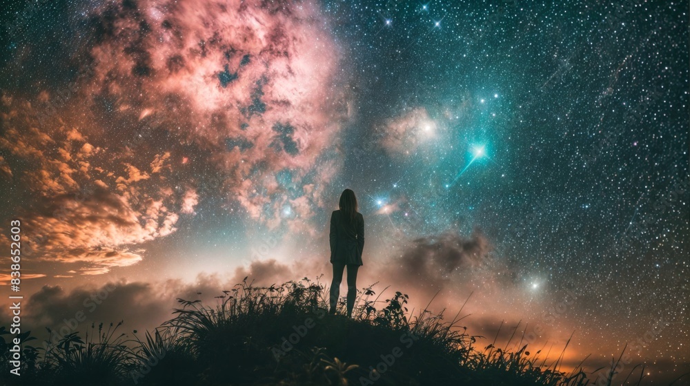 Fototapeta premium Silhouette of a woman looking at the starry sky and nebula