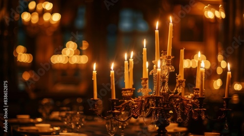 An ornate candelabra centerpiece on a dining table, filling the room with flickering candlelight and elegance