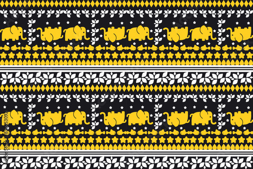 ethnic design fabric pattern tribal pattern geomagnetic pattern squares three squares arranged together Brown, yellow background designed for fabric patterns carpets pants pillows wallpaper curtains.