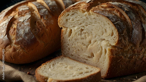 Close-up image capturing the detailed texture and freshness of artisan bread, highlighting bakery artisanry photo