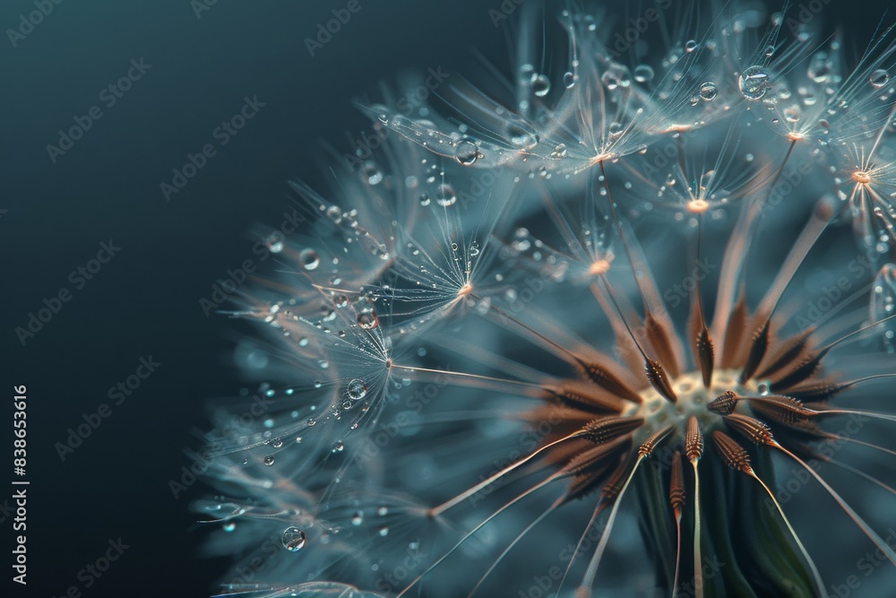 Obraz premium Close-up of a dandelion with water droplets, dark background