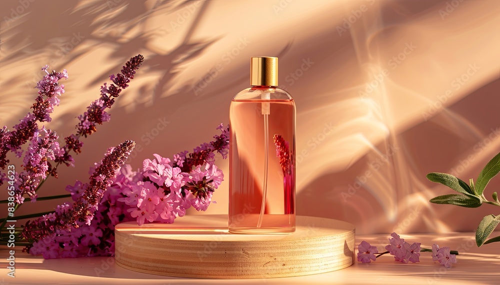A bottle of perfume is placed on a wooden platform next to purple flowers A bottle of perfume is placed on a wooden platform next to purple flowers