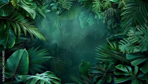 A lush green jungle with a large leafy green plant in the center