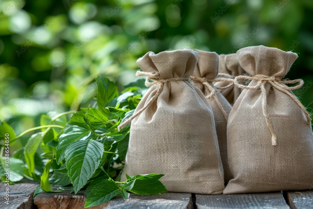 Three fabric pouches with green leaves on wooden surface.