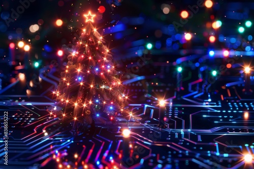 Electronic Christmas tree created with generative AI technology  colorful lights on a dark background