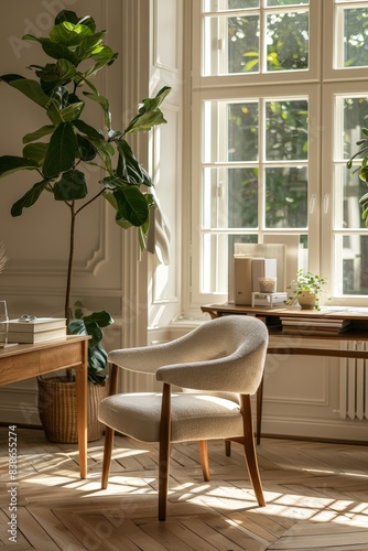 Cozy Sunlit Reading Nook with Modern Armchair and Wooden Desk by Large Window in Bright Room with Indoor Plants