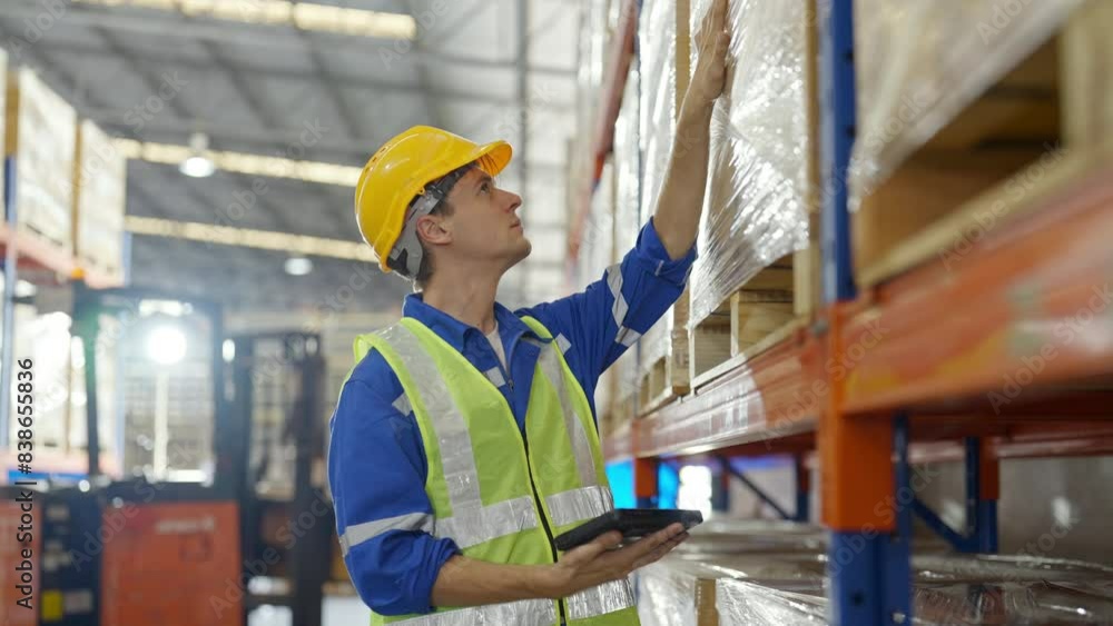 Young caucasian man warehouse workers holding digital tablet checking inventory management packaging boxes. Man staff wearing vest and safety helmet and walking count the box at storehouse Young caucasian man warehouse workers holding digital tablet checking inventory management packaging boxes. Man staff wearing vest and safety helmet and walking count the box at storehouse