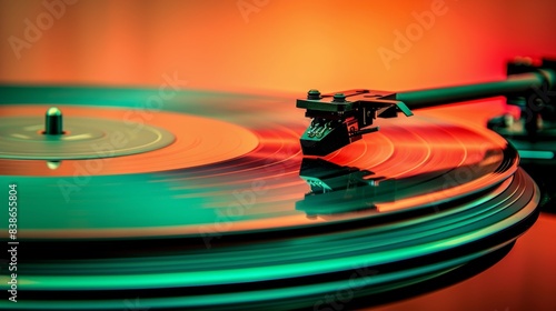 A high-quality close-up shot of a turntable needle playing a vinyl record with a vibrant, colorful background reflecting an atmospheric mood