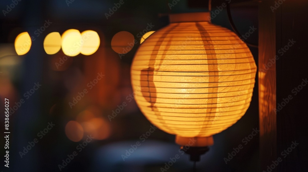 Fototapeta premium Close-up of a traditional paper lantern glowing softly in the dark, creating a serene and tranquil ambiance