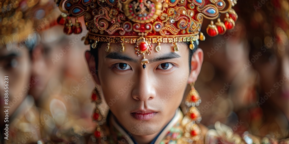 A close-up portrait of a young man wearing highly decorative traditional headgear, embodying rich cultural heritage and ceremonial significance A close-up portrait of a young man wearing highly decorative traditional headgear, embodying rich cultural heritage and ceremonial significance