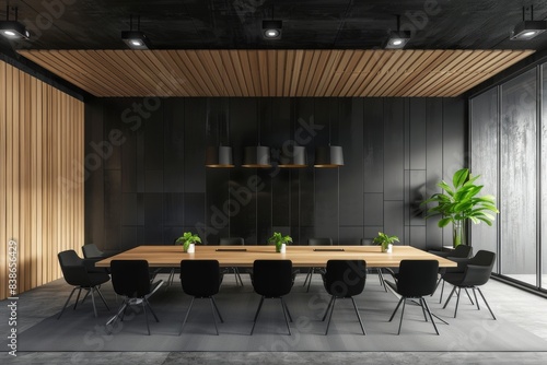 Conference room with black walls  wooden table  and stylish lights.