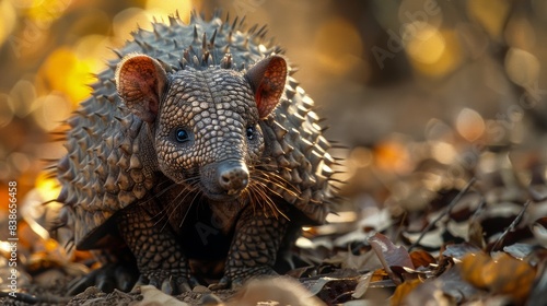 A charming close-up photograph of a young armadillo with a textured shell  captured in its natural habitat with a blurred background of autumn leaves