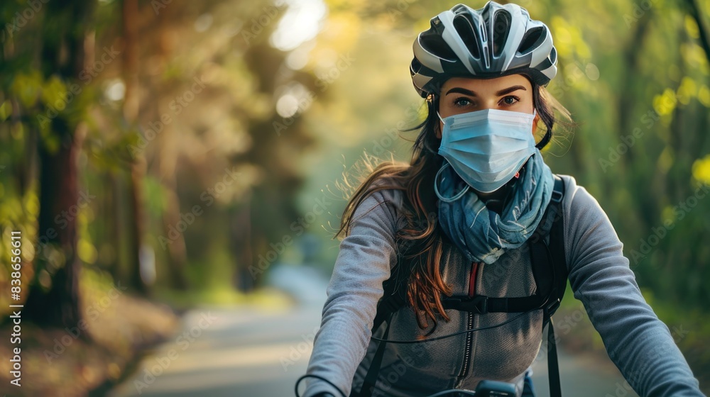 A woman wearing a mask rides a bicycle through a forest A woman wearing a mask rides a bicycle through a forest