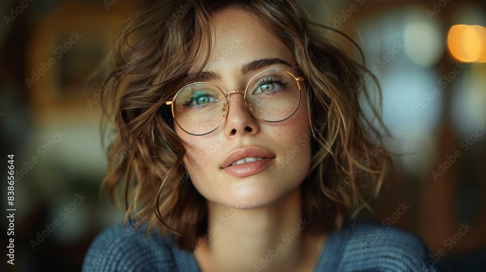A captivating portrait of a young woman with short wavy hair, wearing round glasses and a blue sweater, exuding a calm and reflective demeanor A captivating portrait of a young woman with short wavy hair, wearing round glasses and a blue sweater, exuding a calm and reflective demeanor