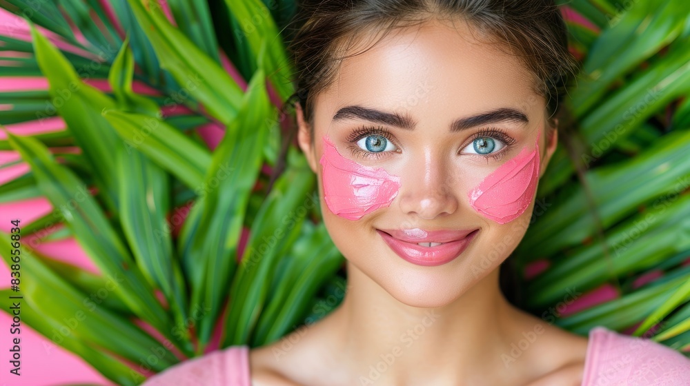 A young woman with bright eyes and a glowing complexion showcasing her beauty amidst green leaves and a vibrant pink background, highlighting modern skincare trends A young woman with bright eyes and a glowing complexion showcasing her beauty amidst green leaves and a vibrant pink background, highlighting modern skincare trends