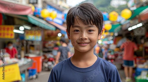 A young boy smiles warmly at the camera while standing in a vibrant market street, surrounded by colorful shops, signs, and bustling activity