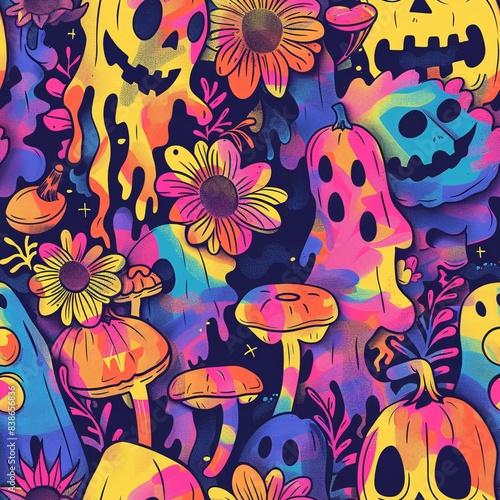 A seamless pattern showcasing 60s Halloween vibes including flower-covered witches, tie-dye ghosts, and groovy pumpkins photo