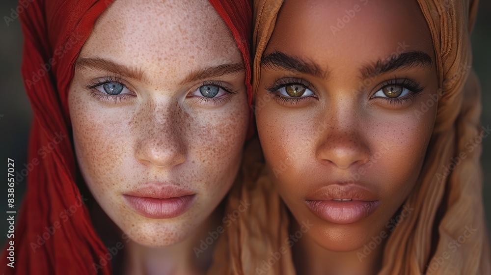 A close-up image capturing the serene expressions and beautifully nuanced features of two women with freckles, adorned in vibrant headscarves, against a blurred background A close-up image capturing the serene expressions and beautifully nuanced features of two women with freckles, adorned in vibrant headscarves, against a blurred background
