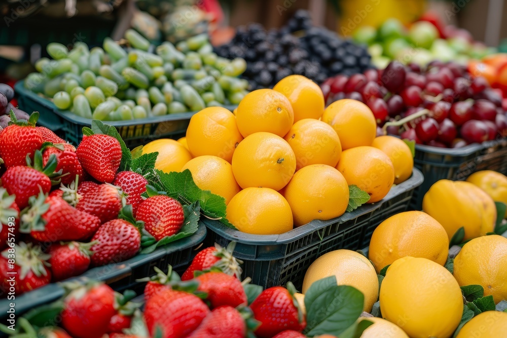 A vibrant and colorful display of various fresh fruits including strawberries, lemons, grapes, and more, neatly arranged in baskets at an outdoor market stand