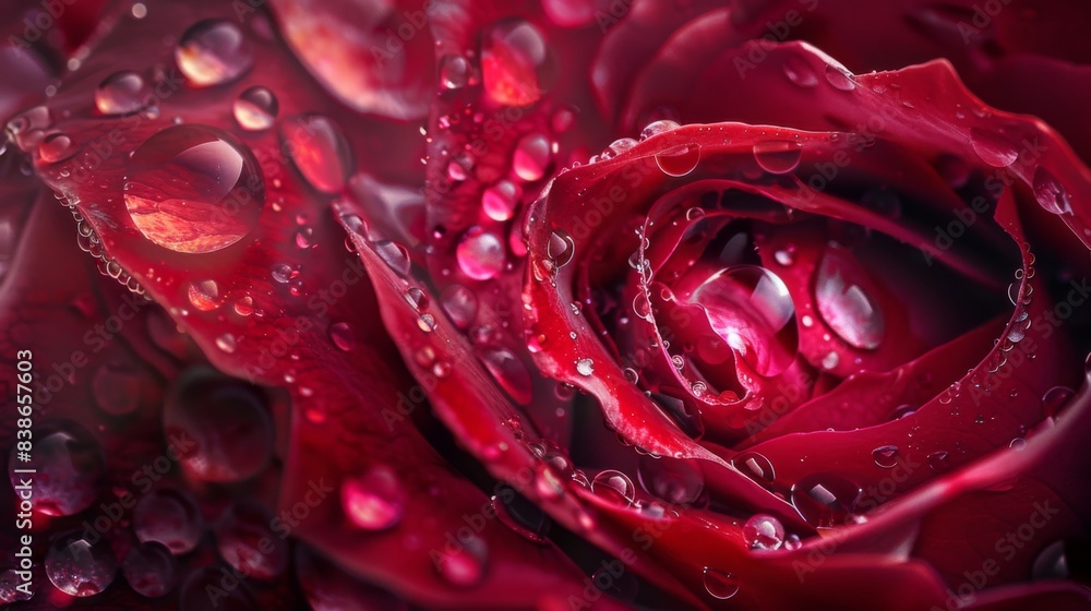 Naklejka premium Macro shot of raindrops dancing on the velvety petals of a deep red rose, showcasing nature's artistry in every detail