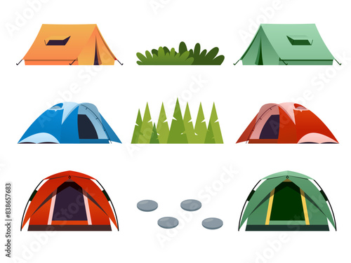Collection of a camping tent in the forest vector illustration. collection of camping tents with different colors and environments. isolated on a white background.