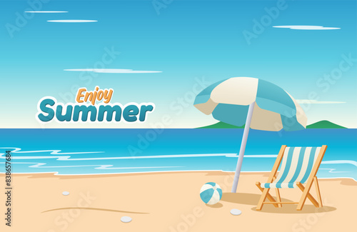 Vector illustration of beach with, a blue umbrella, blue beach wooden deck chair, and a blue beach ball. enjoy the summer text on the left side. summer vacation at the beach.