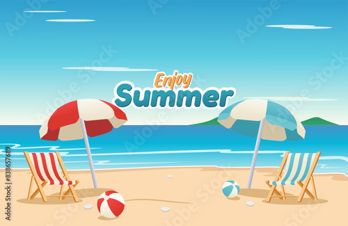 Vector illustration of beach with a double umbrella, double beach wooden deck chair, and a double beach ball. enjoy the summer text on the right side. summer vacation at the beach.