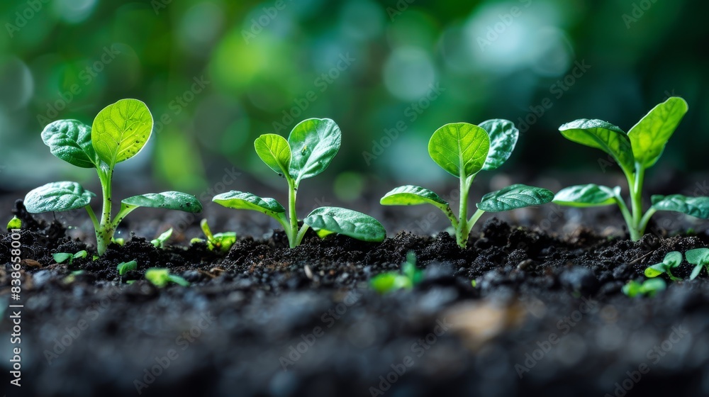 A row of vibrant young seedlings sprouting through the rich, dark soil with a vivid green background, symbolizing new life and growth in a natural environment A row of vibrant young seedlings sprouting through the rich, dark soil with a vivid green background, symbolizing new life and growth in a natural environment