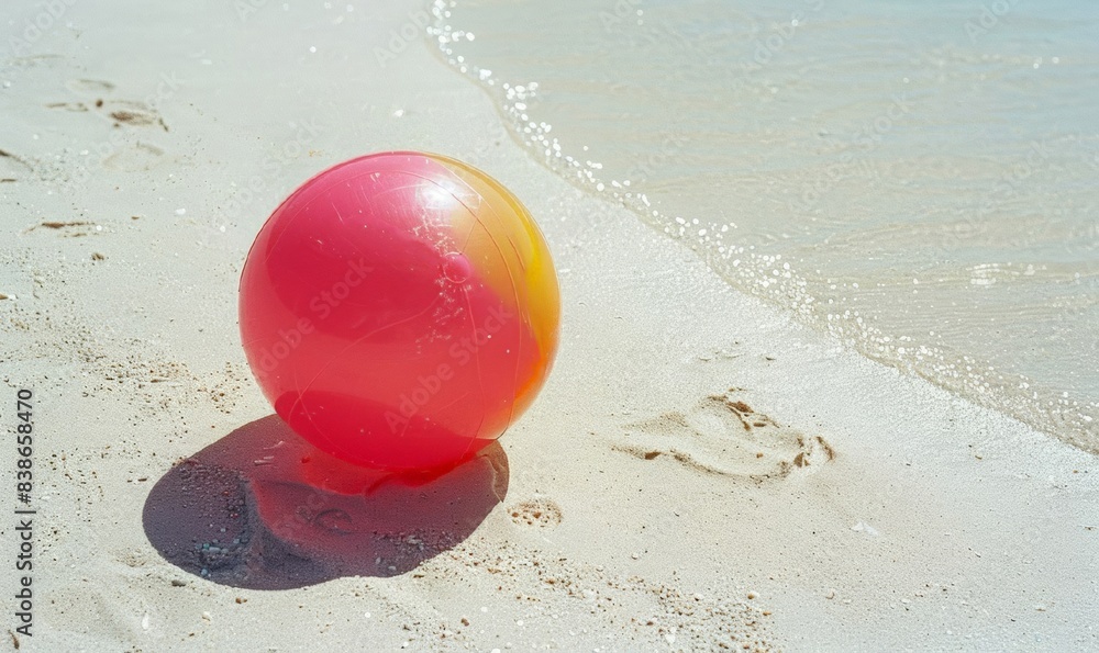 Bright Rubber, Inflatable, Children's  ball on the sandy sea beach. Summer family beach vacations concept. Top view. Copy space.