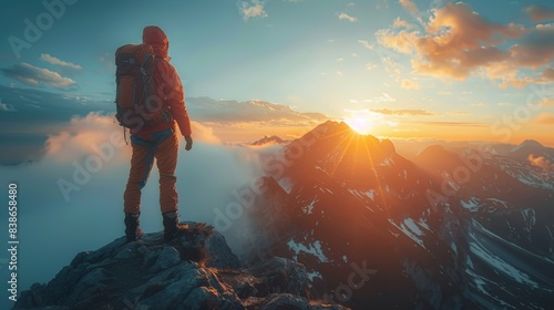 A lone hiker stands on a mountain peak  fully equipped with a backpack and gear  as they admire a breathtaking sunrise over the snow-capped mountain range in the distance