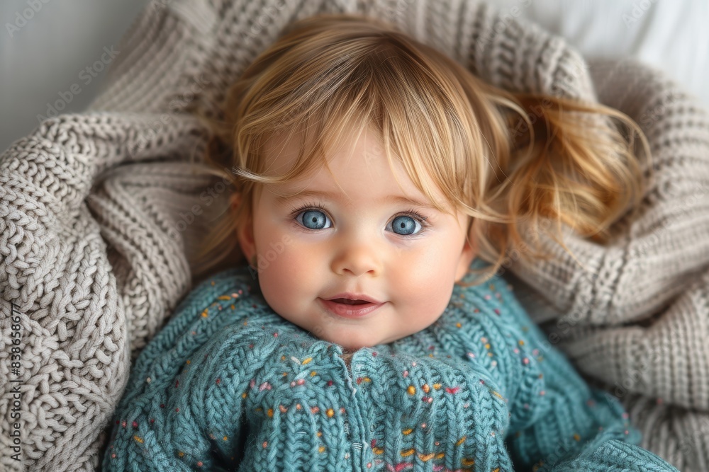 Portrait of an adorable toddler with striking blue eyes, dressed in a cozy knitted sweater, nestled amongst soft beige blankets, exuding warmth and innocence Portrait of an adorable toddler with striking blue eyes, dressed in a cozy knitted sweater, nestled amongst soft beige blankets, exuding warmth and innocence