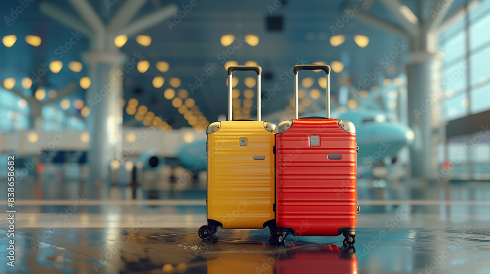 Suitcases in airport. Travel concept. 3d rendering. Suitcases in airport. Travel concept. 3d rendering.