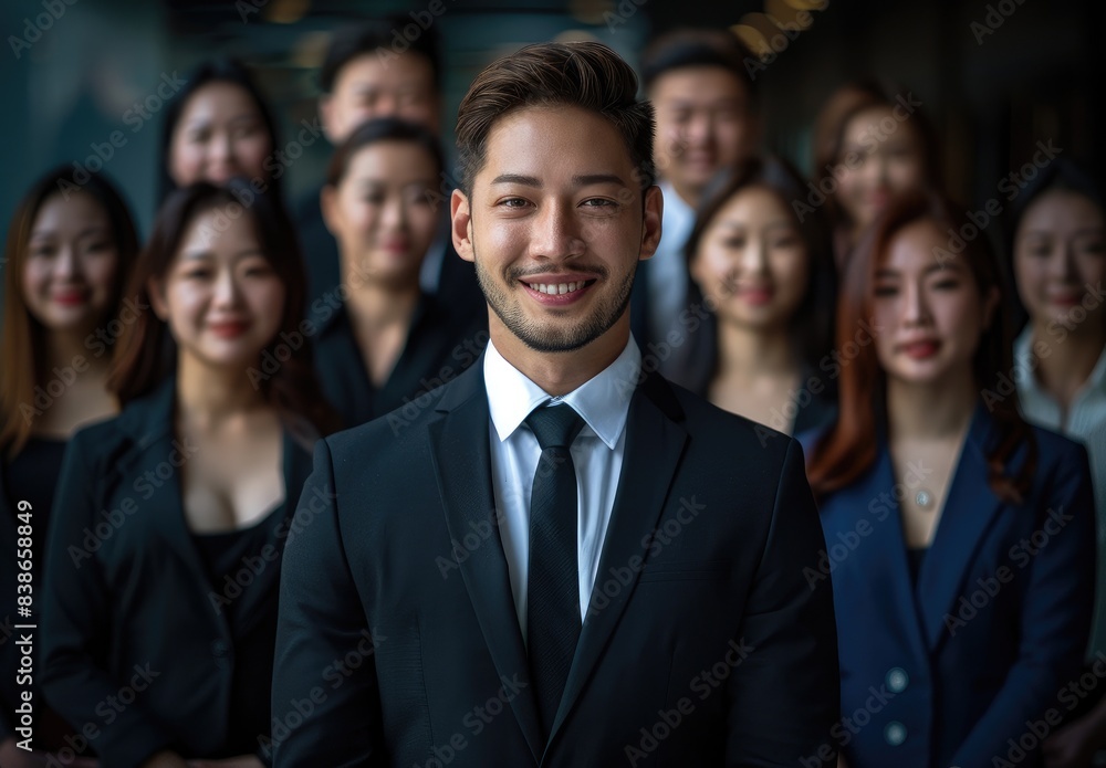 A group of young businessmen smiling, he is confident while his team stands behind him with crossed arms, the background features an office A group of young businessmen smiling, he is confident while his team stands behind him with crossed arms, the background features an office