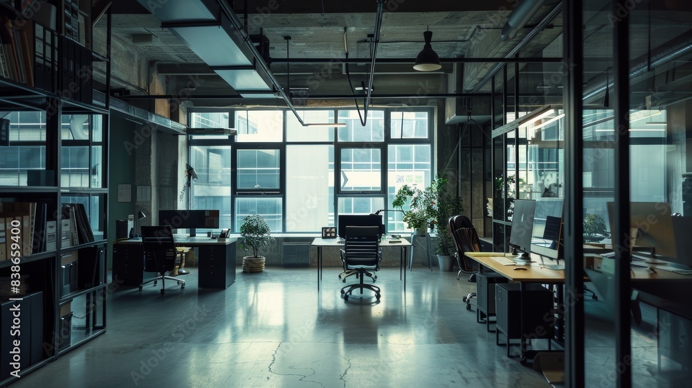 Modern industrial-style office with large windows, sleek furniture, and abundant natural light, providing a contemporary and functional workspace for employees Modern industrial-style office with large windows, sleek furniture, and abundant natural light, providing a contemporary and functional workspace for employees